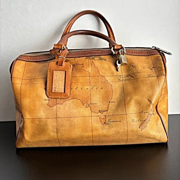 Alviero Martini Brown Handbag Map Leather Boston Speedy Bag Satchel Milan Tote - Picture 2 of 14